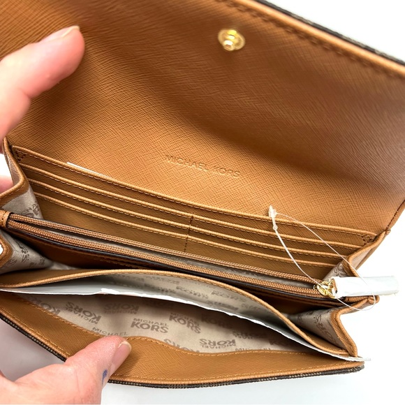 NEW! Michael Kors Signature Logo Fulton PVC Brown Acorn Flap Continental Wallet - Picture 4 of 11